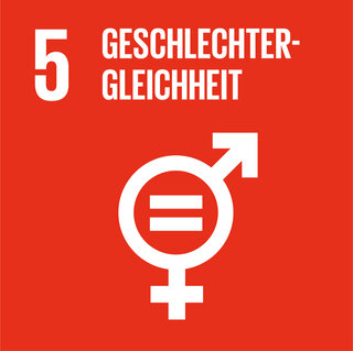 Das Bild zeigt das Symbol für Geschlechtergleichheit, kombiniert mit der Zahl 5, vor einem roten Hintergrund. Es steht für das Ziel der Gleichstellung der Geschlechter.