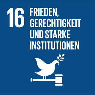 Das Bild steht für das Ziel 16 der UN-Agenda: Frieden, Gerechtigkeit und starke Institutionen, symbolisiert durch eine Taube und einen Hammer.