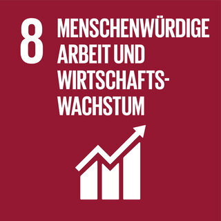 Das Bild zeigt das Ziel 8 der UN-Nachhaltigkeitsziele: menschenwürdige Arbeit und Wirtschaftswachstum, symbolisiert durch ein aufsteigendes Diagramm.